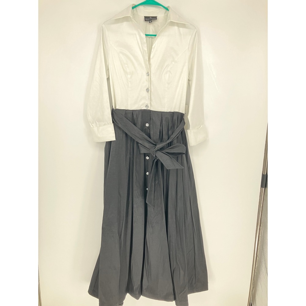 Oleg Cassini Womens Size M Two Tone Button Front Maxi Dress Long Sleeve Belted
